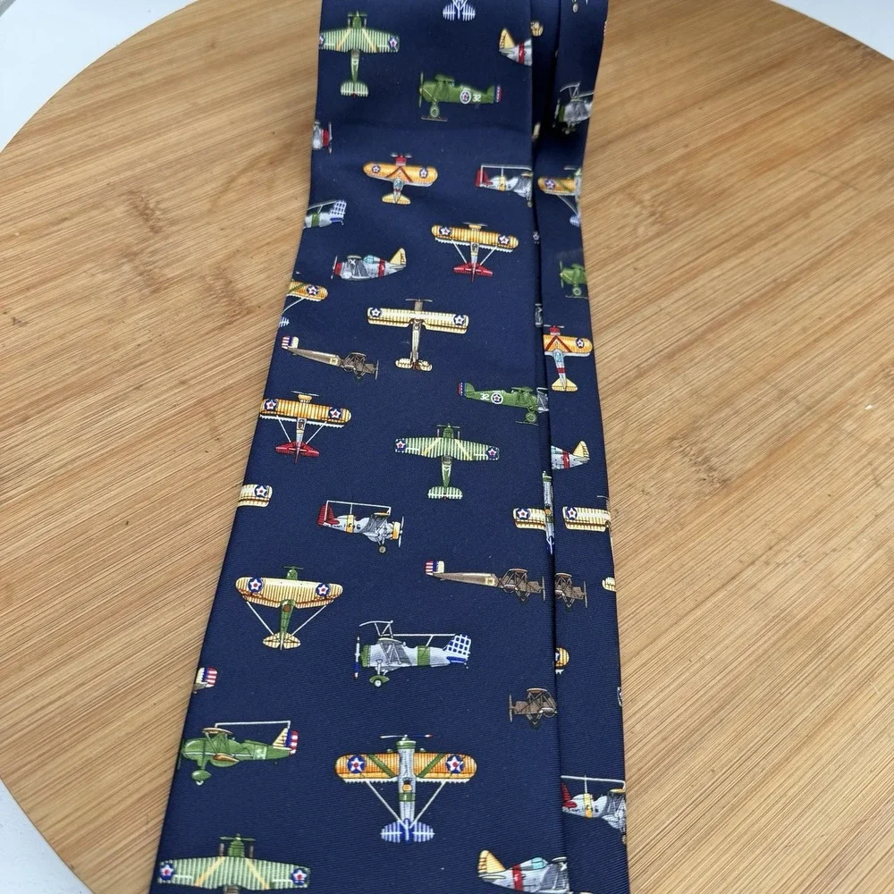 Alynn Necktie Blue Silk War Plane Aviation Print Retro Novelty Career Office
